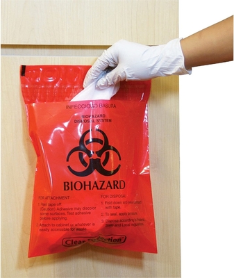 Desperdício biomedicável do saco vermelho do LDPE com as fitas adesivas dobro